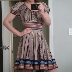 Vintage 70s Handmade Striped Puff Sleeve Fit & Flare Dress